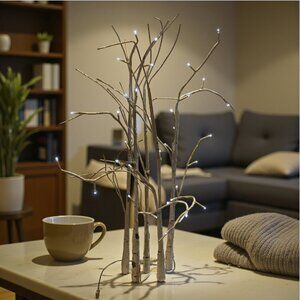 LIGHTED BIRCH TREE -- 26" Tall, Plug-In, Wood Base, 5 Stems, White Lights, Cozy